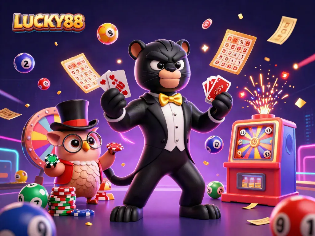 Join LUCKY88's vibrant casino scene with a panther dealing cards, an owl holding poker chips, and a lucky mouse!