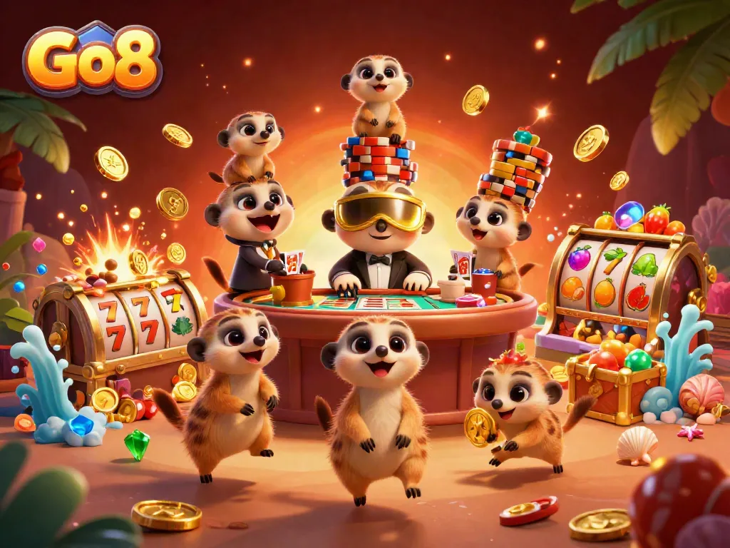 Go8 meerkats running a vibrant casino scene with gold coins and slot reels.