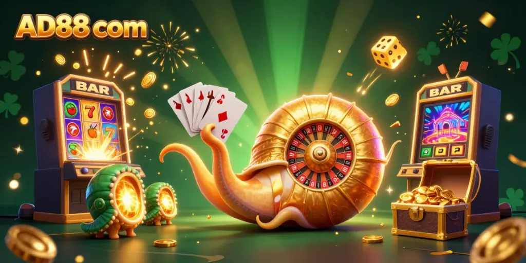 Experience the excitement of AD88 com with our vibrant 3D casino illustration showcasing a lively gaming scene.
