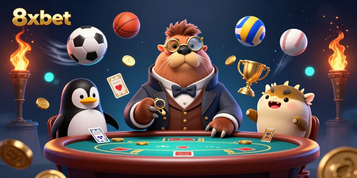Engage in the thrilling underwater poker scene at 8xbet with a sophisticated walrus dealer and bluffing pufferfish.