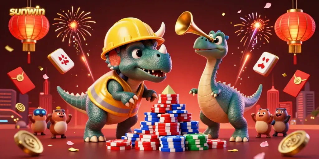 Celebrate wins with sunwin as a triceratops builds poker chip pyramids amidst cheering creatures in a dynamic scene.