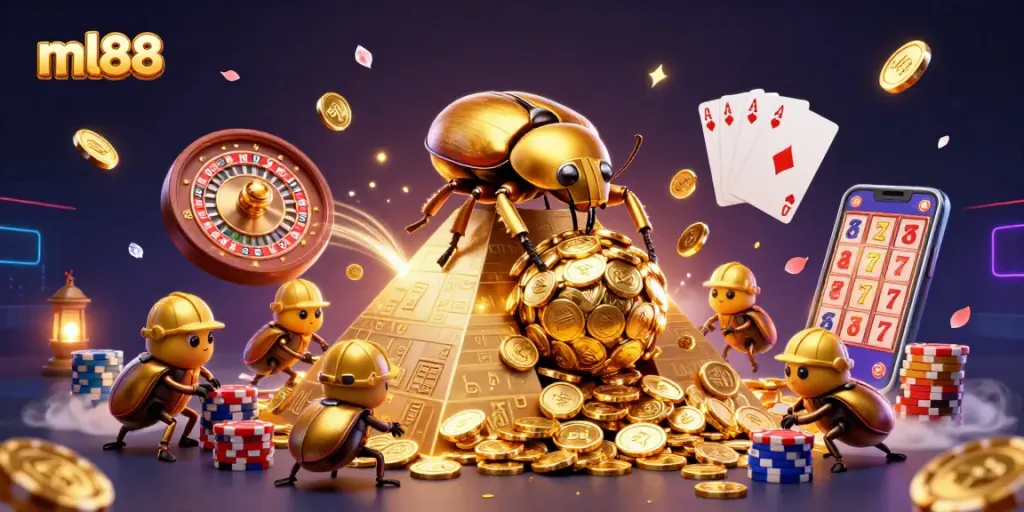 Spin the reels with ml88 for a lively casino experience featuring golden coins and slot machines.