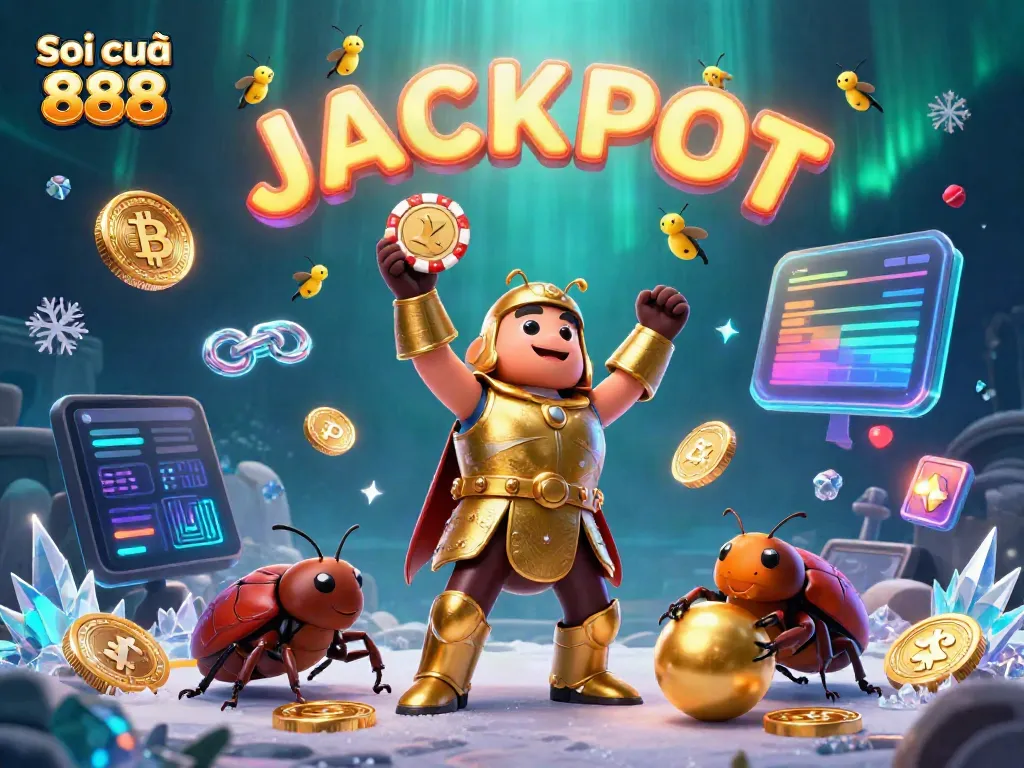 Soi cầu 888 showcases victory with a 3D cartoon beetle and vibrant digital elements, delivering online gambling excitement.