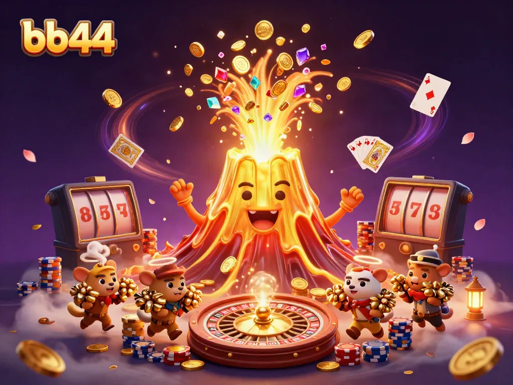 bb44 showcases a thrilling casino scene with a golden volcano erupting treasure, enchanting visuals, slot machine elements