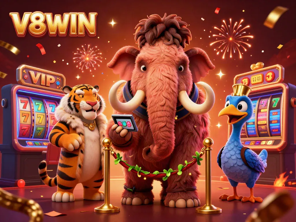 Experience thrilling wins with V8WIN in a vibrant casino scene featuring unique characters.