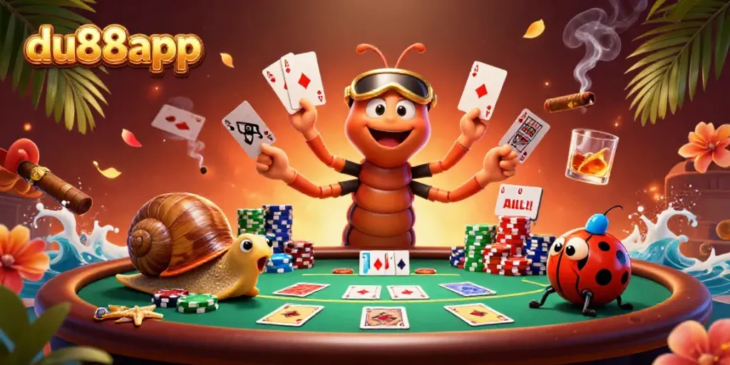 Engage with du88app in a vibrant table scene featuring a charming millipede dealer and high-roller snail.