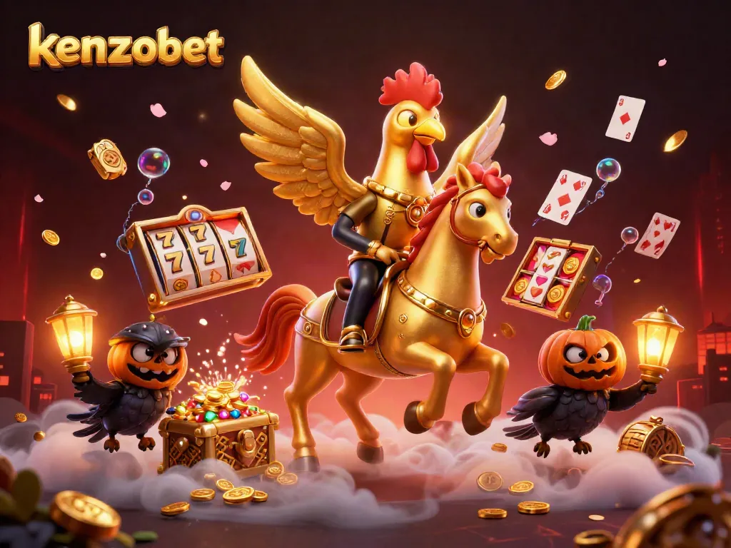 Kenzobet offers thrilling gameplay with vibrant characters and rich casino elements in this 3D illustration.