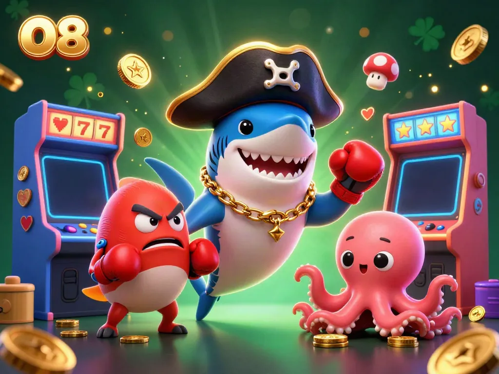 The O8 online casino showcases an engaging 3D illustration with characters including a pirate shark, pufferfish, and octopus amidst vibrant slot machine elements.