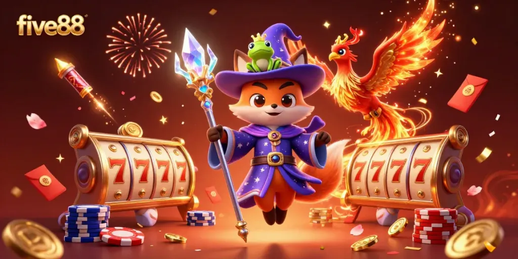 Experience the excitement of five88 with a magical casino-themed illustration featuring a wizard fox, phoenix, and vibrant slots.