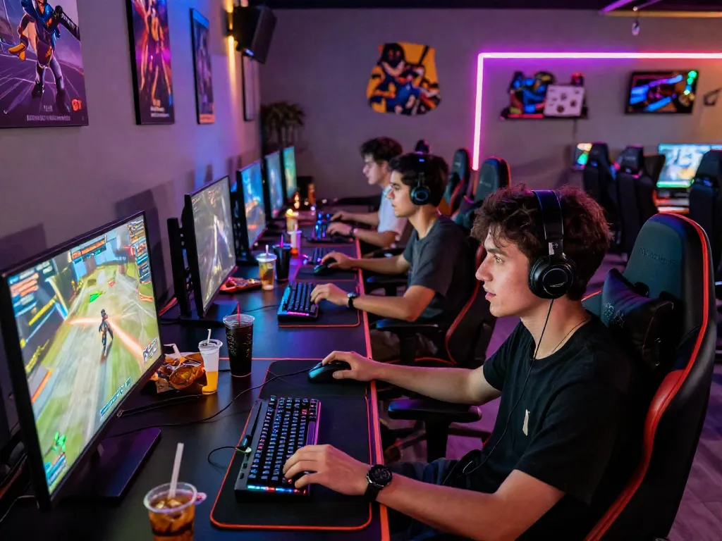 Friends enjoying multiplayer gaming at a lively warung168 gaming cafe.