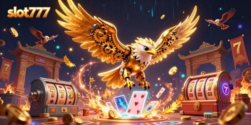 Raih kemenangan dalam slot777 dengan ilustrasi 3D yang menampilkan burung elang futuristik dan simbol permainan.