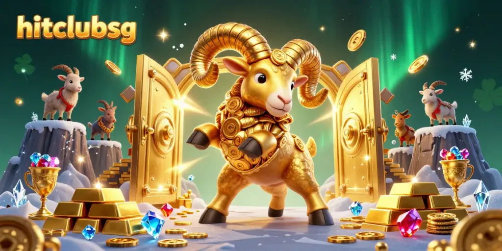 Experience the thrill of hitclubsg with a golden ram charging through a treasure vault in a vibrant casino scene.