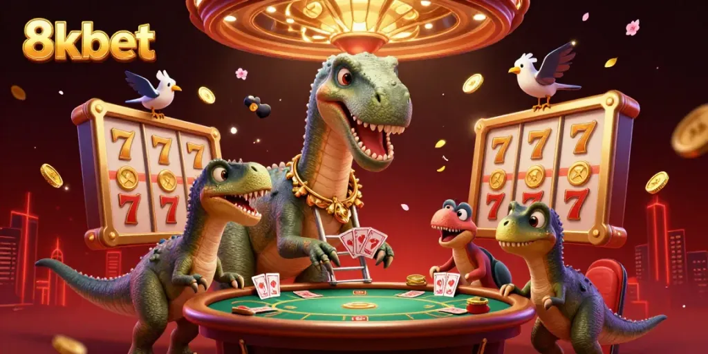 Engage with thrilling 8kbet experiences amidst a vibrant casino atmosphere featuring a towering brontosaurus.