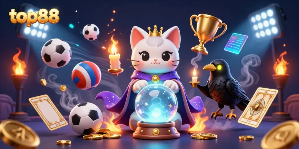 Top88 offers exciting gambling experiences, featuring vibrant characters, sports elements, and dynamic gameplay in a mystical scene.