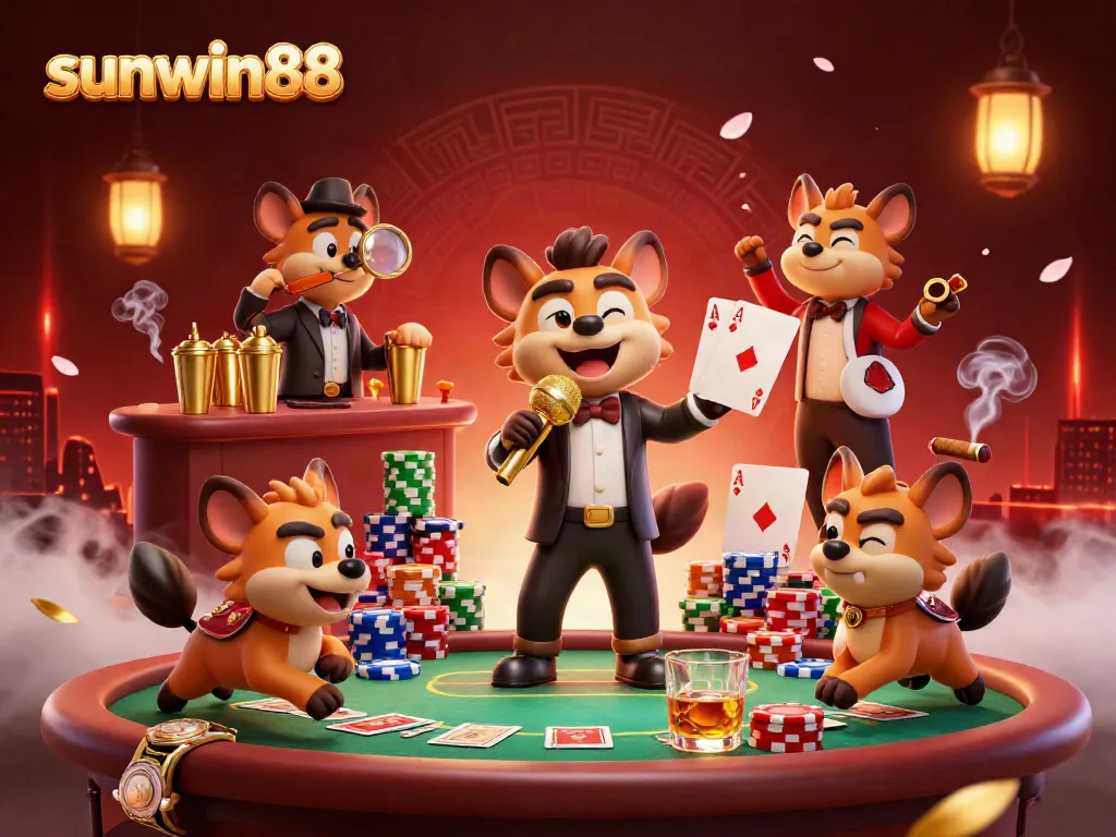 Engaging scene illustrating sunwin88 with hyena characters in a comedy casino club, showcasing vibrant gaming elements.