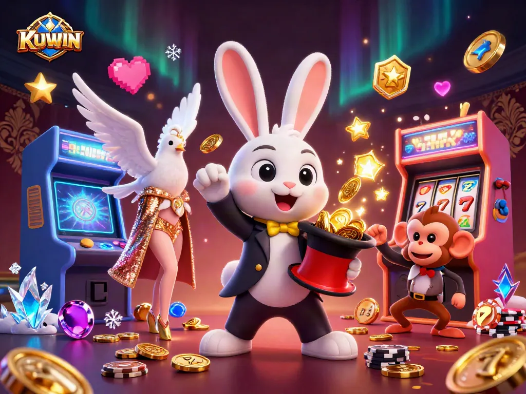 Kuwin captivates players by showcasing a 3D magician rabbit pulling coins in a vibrant casino scene.