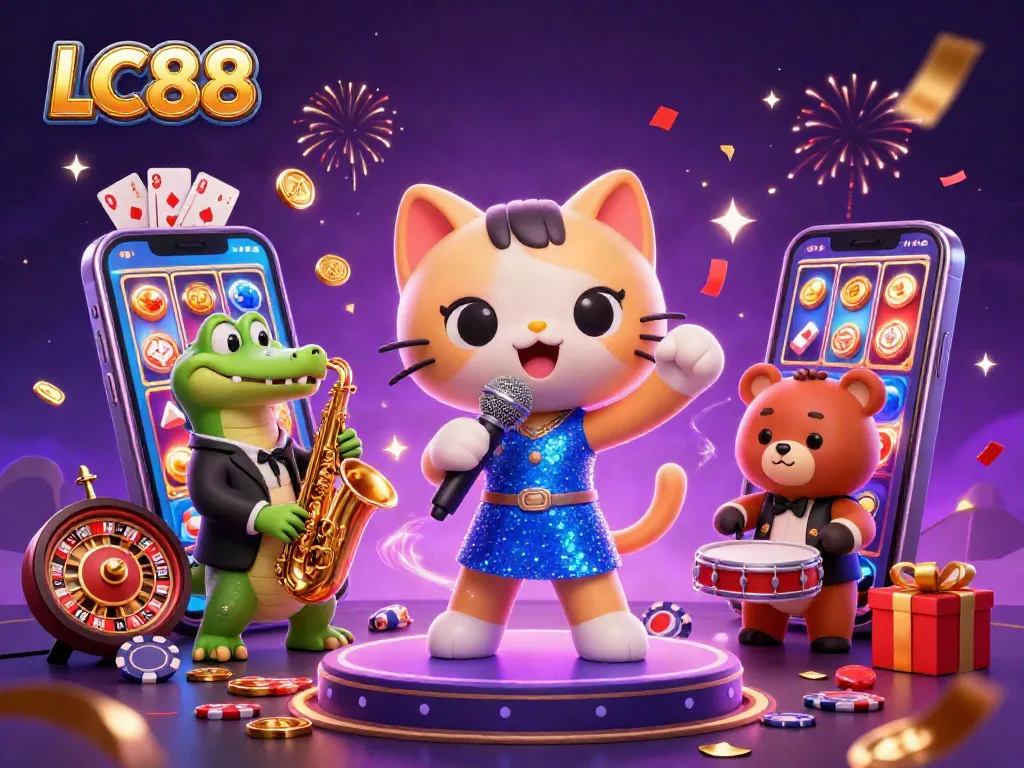 Join the fun at LC88 with a vibrant 3D casino scene featuring colorful characters and gaming elements.