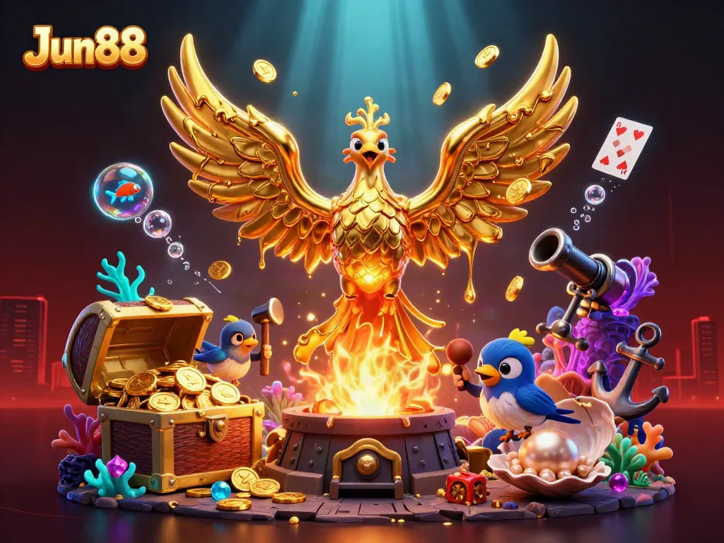 Experience thrilling gameplay at Jun88 featuring a molten golden phoenix and vibrant casino elements.