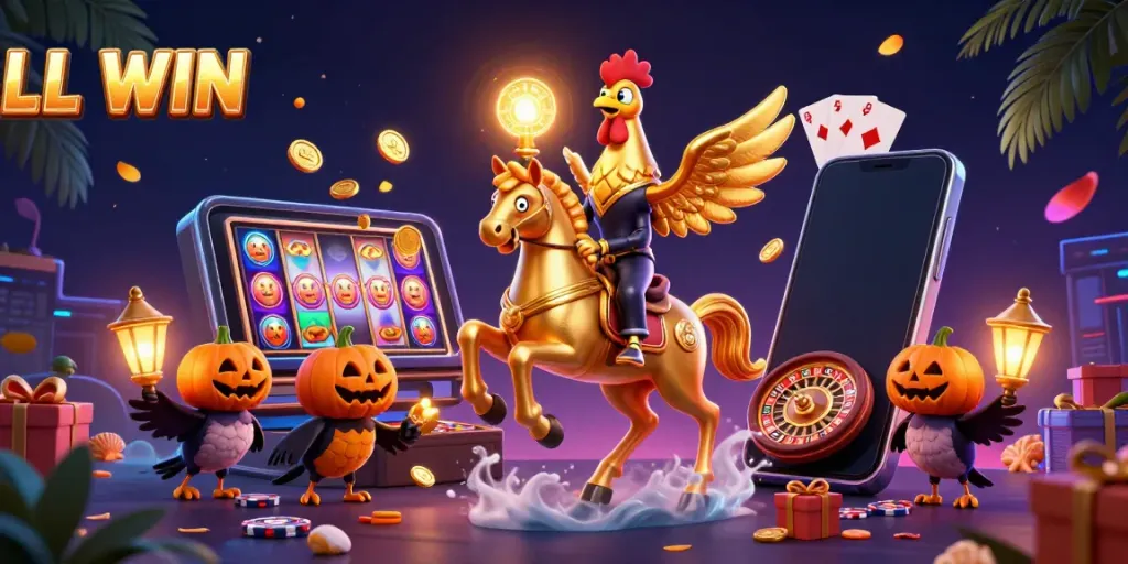 Engage with LL WIN at a vibrant midnight casino featuring golden rooster and festive gaming elements.