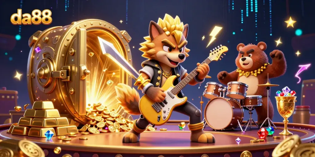 Experience da88's thrilling casino world as a rock star wolf and drummer bear celebrate jackpot wins.