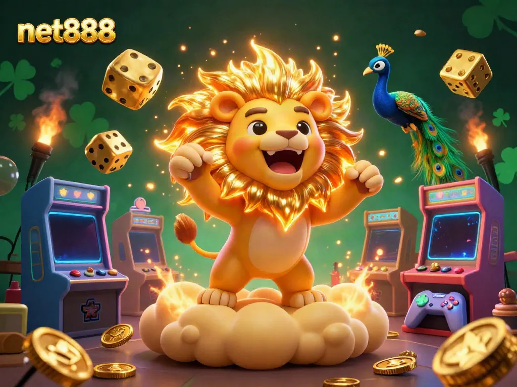 Experience net888's captivating online gaming adventure with vibrant casino-themed 3D characters and dynamic game elements.