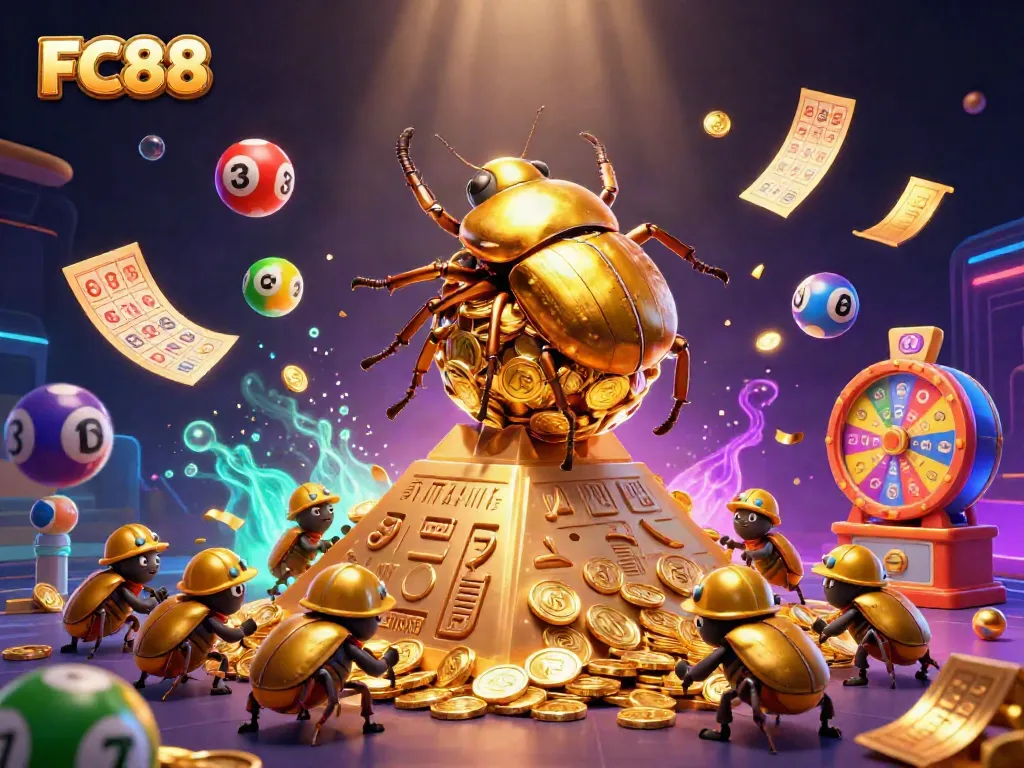 FC88 introduces a vibrant scene with golden beetles rolling treasure, celebrating the thrill of casino gaming.