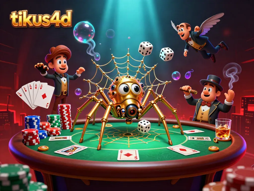 Engage in thrilling gameplay with tikus4d, highlighted by a steampunk spider and poker elements.