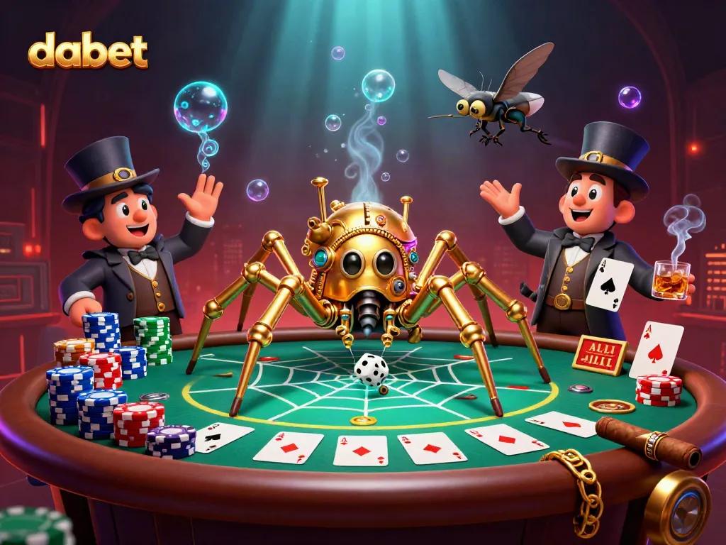 Catch lucky dice in the web of the Dabet steampunk golden spider at the poker table.