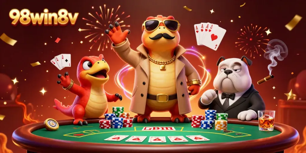 Experience gaming action at 98win8v with a raptor in sunglasses entering a VIP casino.