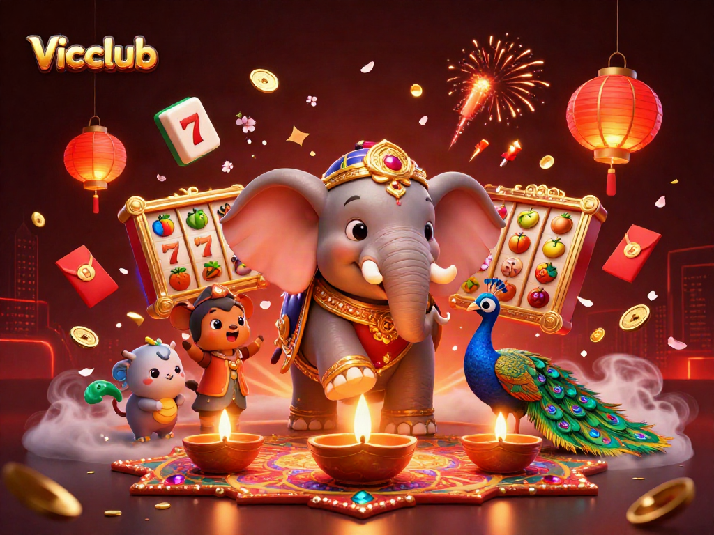 Vicclub brings luck in a vibrant 3D illustration showcasing festive elements and casino excitement.