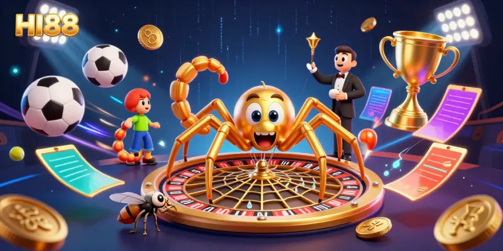 Experience HI88 with a golden spider croupier, spinning a roulette wheel web while bets are placed.