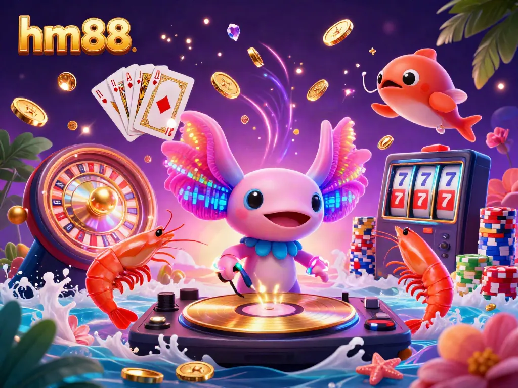 Experience the vibrant hm88 neon casino scene with lively characters, golden coins, and thrilling game elements.