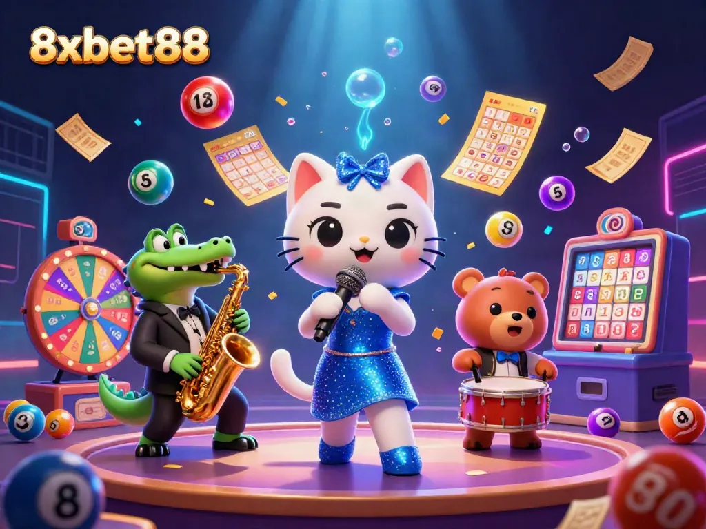 Experience vibrant casino action with 8xbet88, featuring a jazzy cat and dynamic game elements.