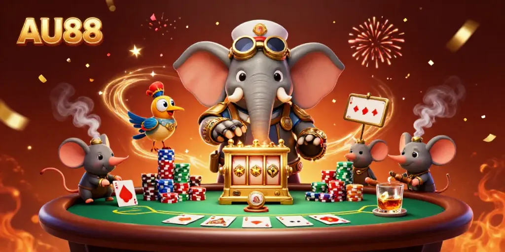 Experience excitement with AU88 as a steampunk elephant spins the golden slot machine amidst vibrant casino elements.