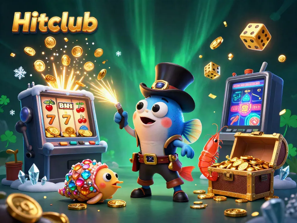 Hitclub features a dazzling scene with an anglerfish, shrimp, and treasure-laden snail amidst explosive jackpots and casino elements.