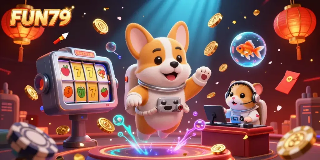 Experience FUN79's casino world with vibrant 3D astronaut corgi amid floating poker chips and golden coins.