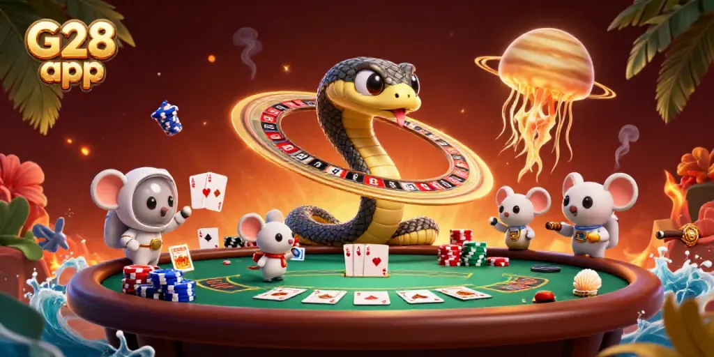 Experience the excitement of the G28 app illustrated with a cosmic twist, featuring a Saturn snake roulette and astronaut mice betting.