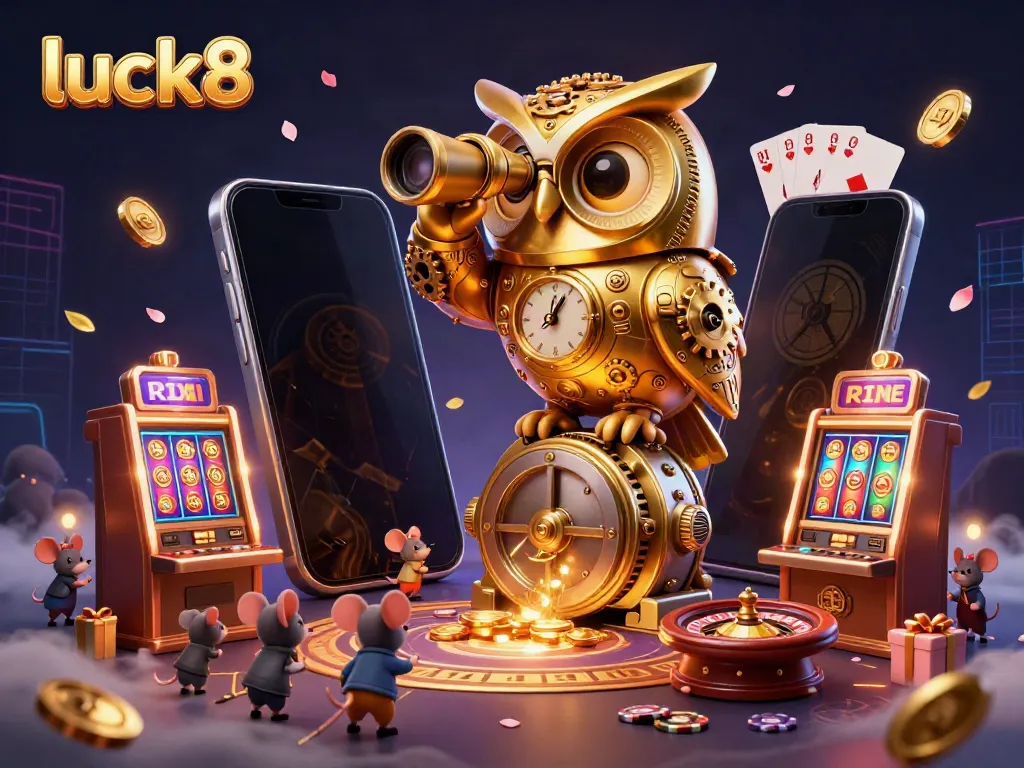 Experience the thrill of luck8 as a golden owl oversees a bustling casino scene with vibrant slot games.
