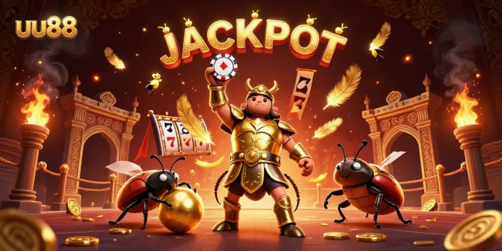 Experience the thrill of uu88 with lively 3D characters celebrating a casino jackpot amidst vibrant gaming elements.