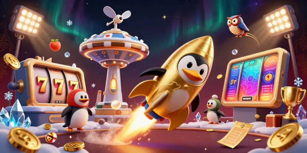 Engage with the thrilling world of nhatvip through our dynamic casino-themed illustration featuring a golden penguin.