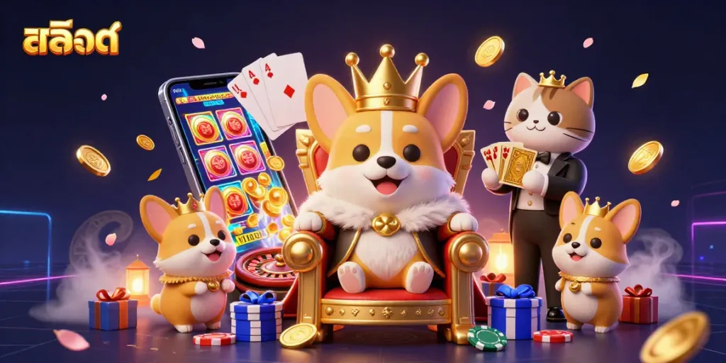 Play thrilling สล็อต with royal corgi and dynamic game elements in a colorful casino scene.