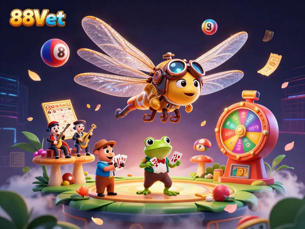 Experience the excitement of 88Vbet in a lively casino scene with a dragonfly pilot and frog croupier.