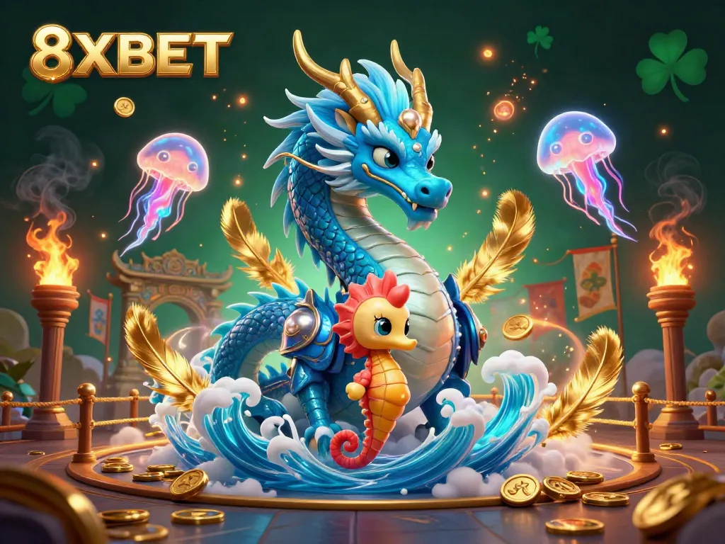 Engage in thrilling gameplay at 8XBET with an azure water dragon amidst mesmerizing neon jellyfish.