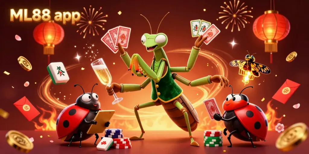 Experience the thrill of the ML88 app with colorful characters, festive elements, and a festive casino atmosphere.