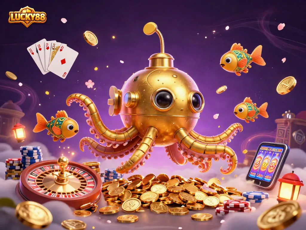 Experience thrilling gameplay with LUCKY88, featuring a golden kraken submarine and vibrant casino elements.