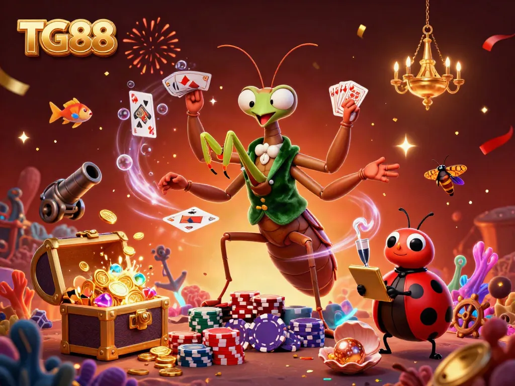 Join TG88 in a dynamic casino adventure featuring a praying mantis card sharp and a ladybug pit boss.