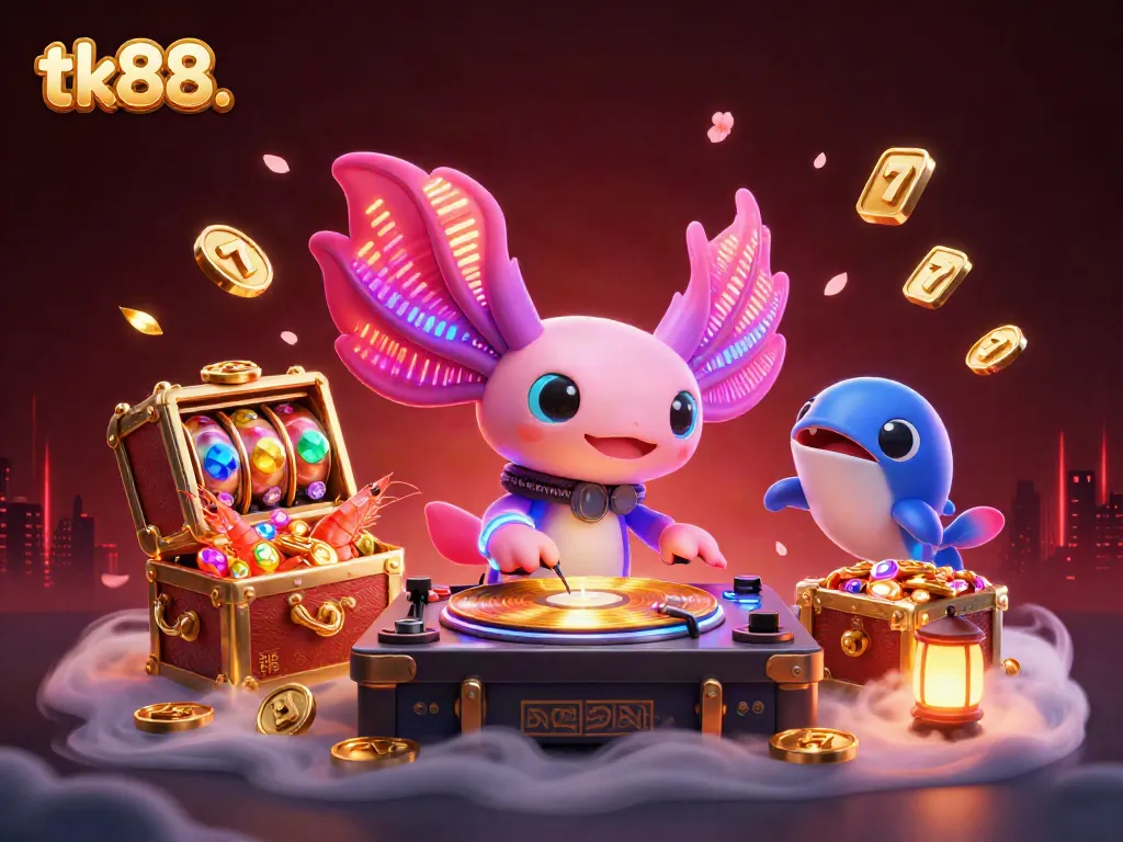 Experience the vibrant entertainment of tk88. with an axolotl DJ, golden jackpots, and swimming shrimp in a celebratory underwater scene.