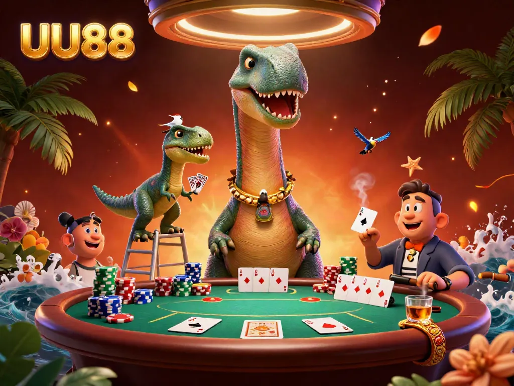 Engage in exciting gameplay at UU88 with a whimsical casino scene full of dynamic characters and poker elements.