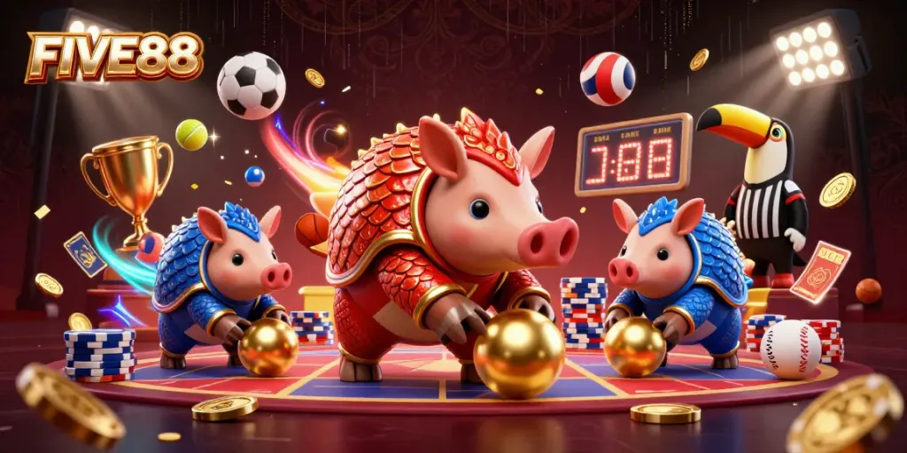 FIVE88 pangolins roll golden balls and bowling through poker chips in an energetic casino scene.