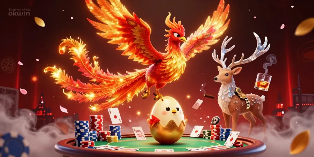 Experience the thrill of gaming at trang chủ okwin with a fiery phoenix and mystical stag in a vibrant casino scene.